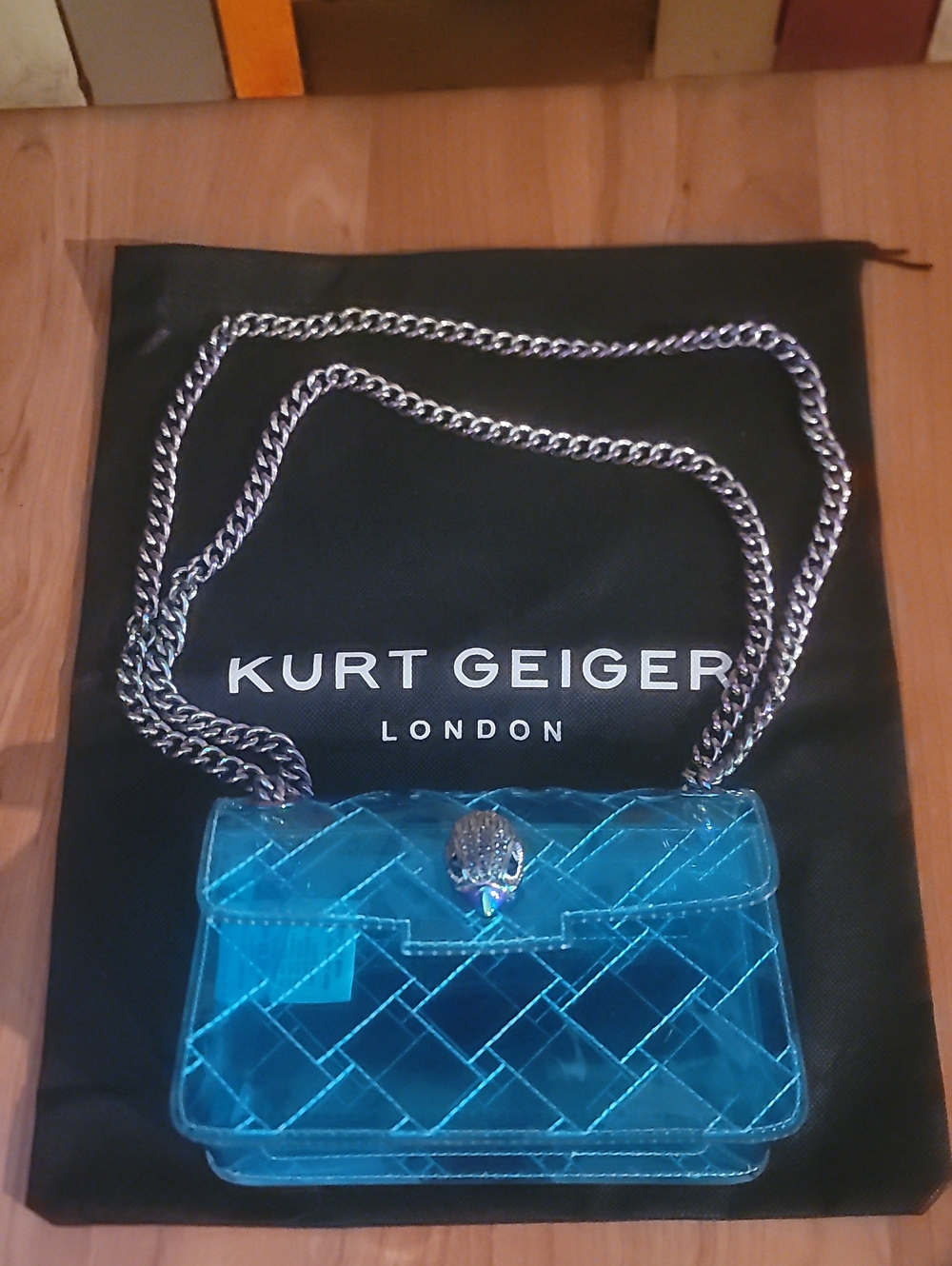 Kurt Geiger Turquoise Translucent Holographic Chain N Face Shoulderbag